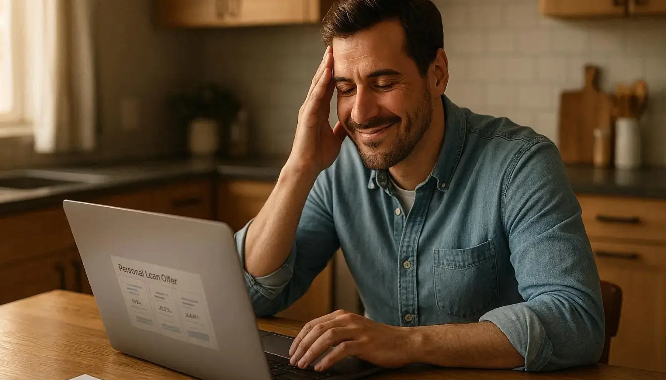 Professional editorial photography, American adult reviewing personal loan offers on laptop at modern kitchen table