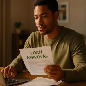 Professional editorial photography, young American adult reviewing personal loan approval documents on laptop at home