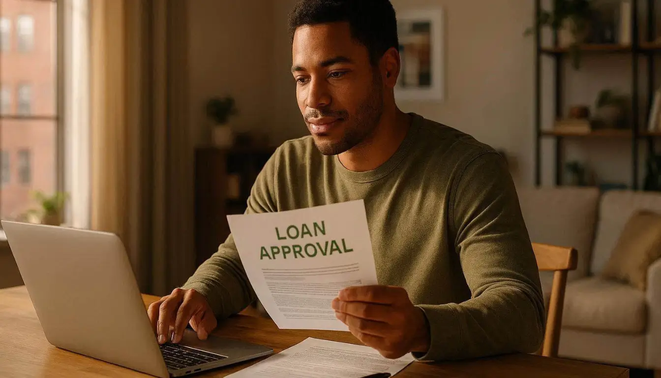 Professional editorial photography, young American adult reviewing personal loan approval documents on laptop at home