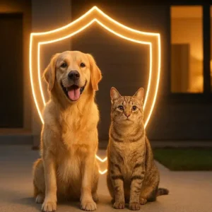 A happy dog and cat sitting in front of a modern home with a glowing protection shield, pet insurance concept