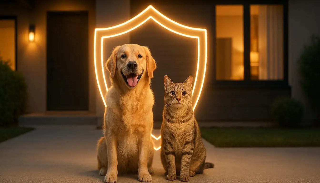 A happy dog and cat sitting in front of a modern home with a glowing protection shield, pet insurance concept