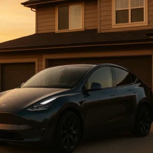 Professional editorial photography, ultra realistic Tesla Model Y parked in front of modern American suburban house during golden hour sunset