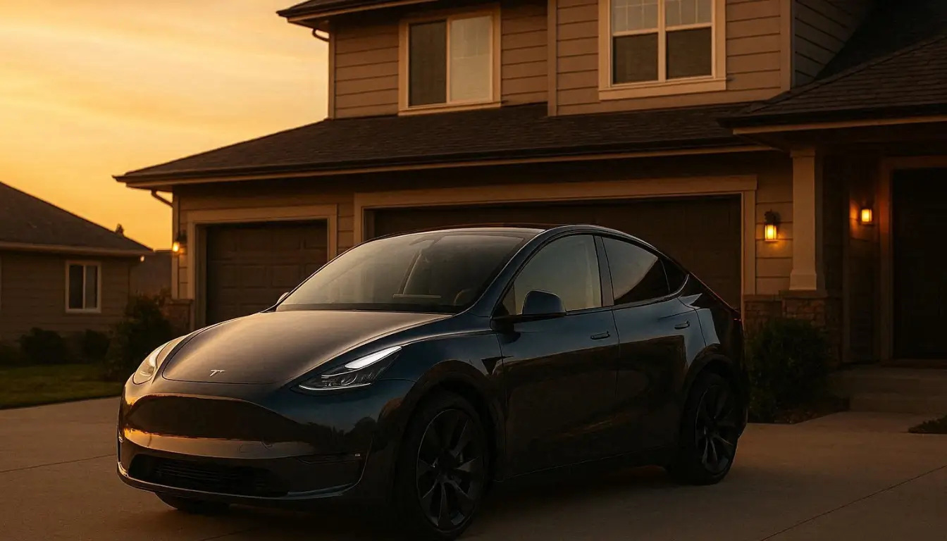Professional editorial photography, ultra realistic Tesla Model Y parked in front of modern American suburban house during golden hour sunset
