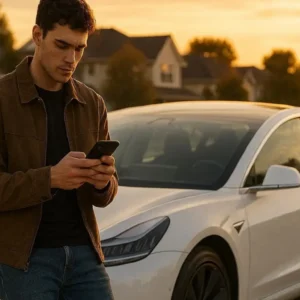 Professional editorial photography, young American driver in early 20s standing beside a white Tesla Model 3 while checking insurance quote on smartphone