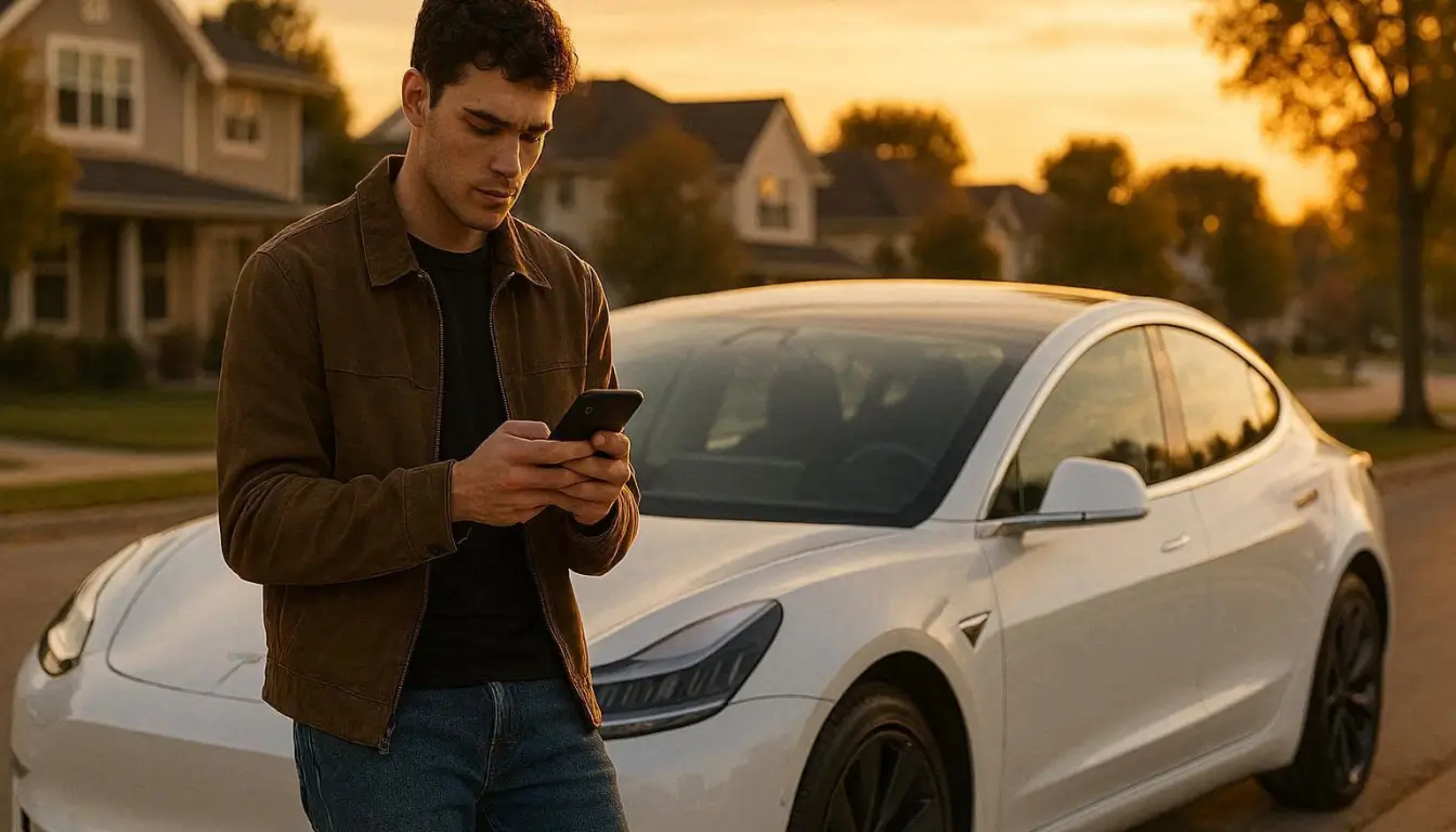 Professional editorial photography, young American driver in early 20s standing beside a white Tesla Model 3 while checking insurance quote on smartphone