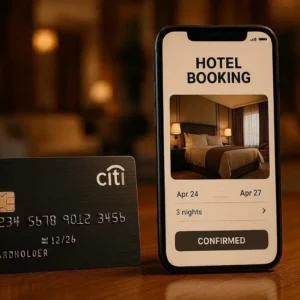 Luxury travel editorial photography showing premium Citi-style credit card beside hotel booking confirmation on smartphone,