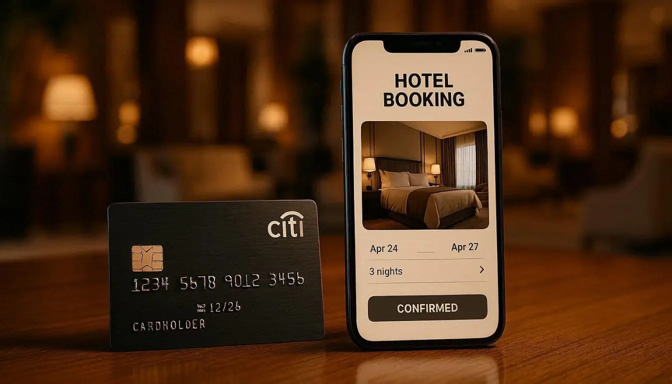 Luxury travel editorial photography showing premium Citi-style credit card beside hotel booking confirmation on smartphone,