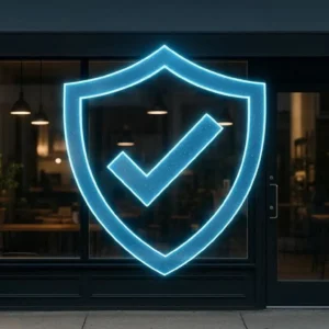 A modern small business storefront (cafe or tech boutique) with a digital shield overlay