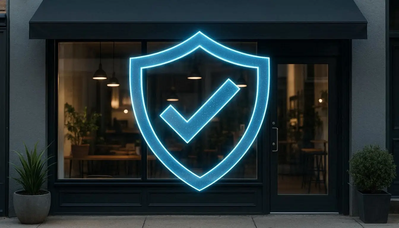 A modern small business storefront (cafe or tech boutique) with a digital shield overlay