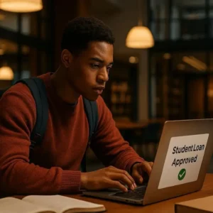 Professional editorial photography showing American college student reviewing student loan approval on laptop while sitting in modern university library