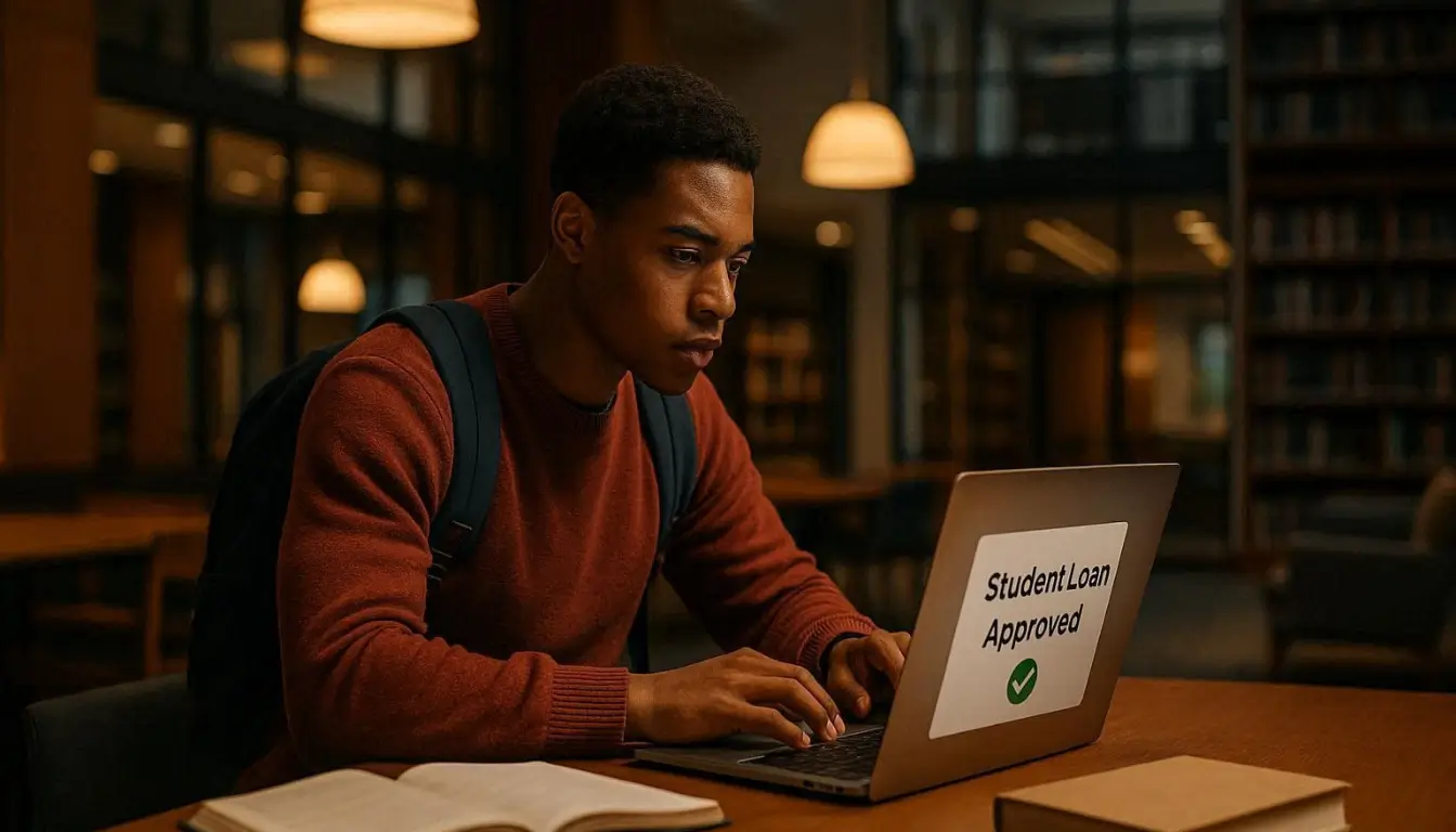 Professional editorial photography showing American college student reviewing student loan approval on laptop while sitting in modern university library