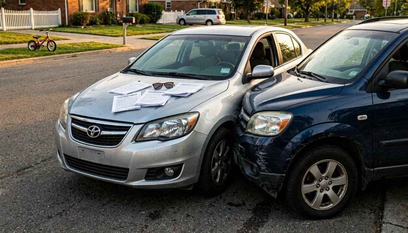 Professional editorial image, 16:9 wide format. Two damaged cars after a minor collision on an American suburban street