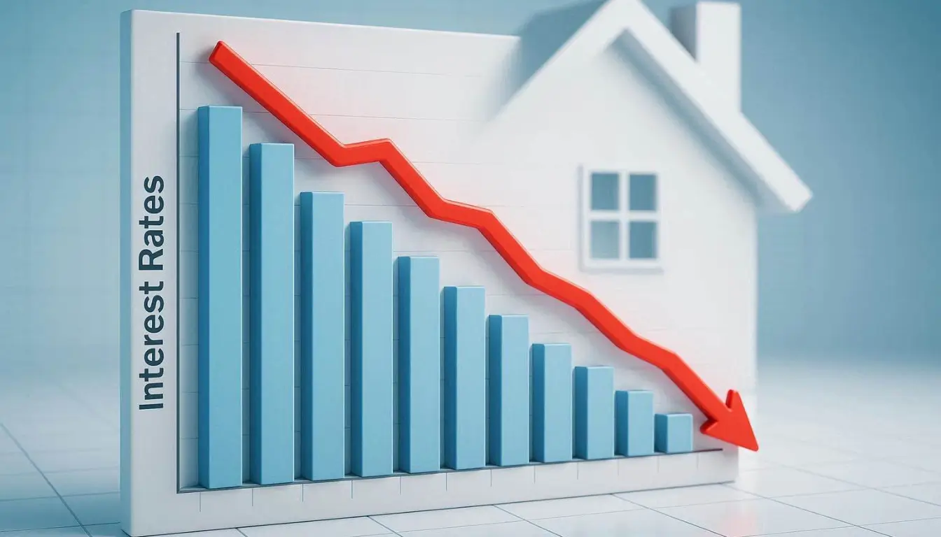 A realistic 3D graph showing a downward trend in interest rates with a house silhouette in the background