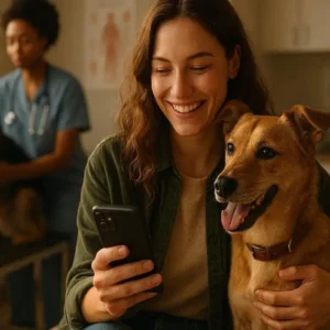 Emotional editorial photography showing happy dog owner at veterinary clinic reviewing pet insurance approval on smartphone