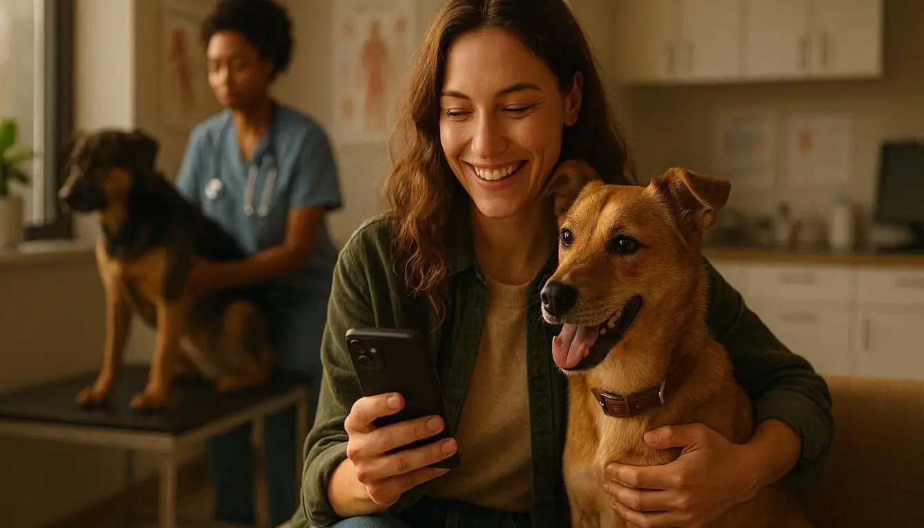 Emotional editorial photography showing happy dog owner at veterinary clinic reviewing pet insurance approval on smartphone