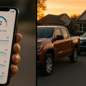 Professional editorial photo, 16:9 wide format. Split-screen composition showing a smartphone with driving analytics and two American vehicles parked in suburban neighborhood at sunset.