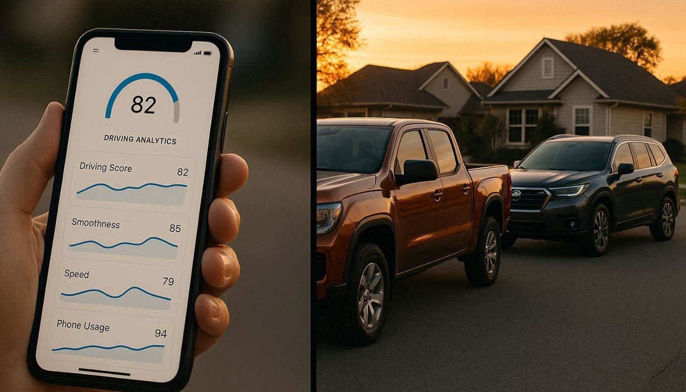 Professional editorial photo, 16:9 wide format. Split-screen composition showing a smartphone with driving analytics and two American vehicles parked in suburban neighborhood at sunset.