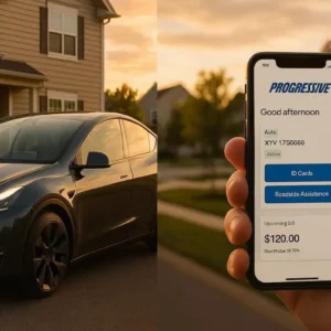 Professional editorial split-screen image showing Tesla Model Y on one side and Progressive insurance mobile app interface on the other