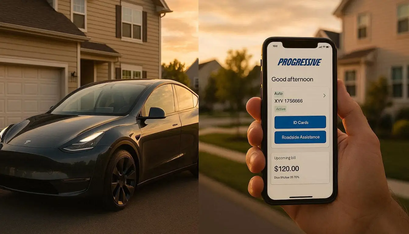 Professional editorial split-screen image showing Tesla Model Y on one side and Progressive insurance mobile app interface on the other