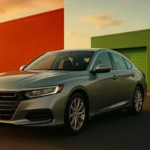 Professional editorial split-screen image showing a modern American sedan parked between two contrasting insurance-themed environments inspired by State Farm and GEICO branding colors
