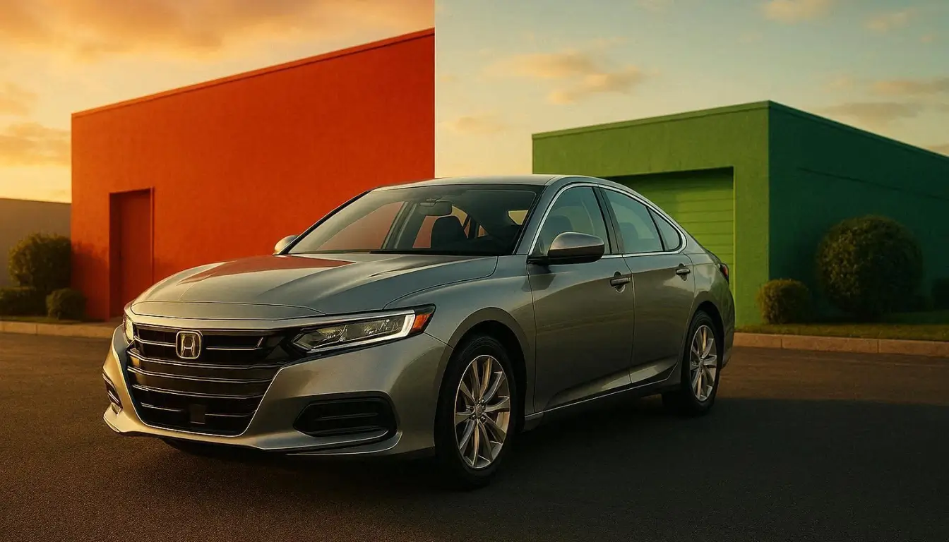 Professional editorial split-screen image showing a modern American sedan parked between two contrasting insurance-themed environments inspired by State Farm and GEICO branding colors