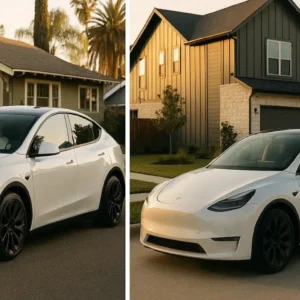 Professional editorial split-screen image showing Tesla Model Y parked in sunny California suburban neighborhood on left side and modern Texas residential street on right side
