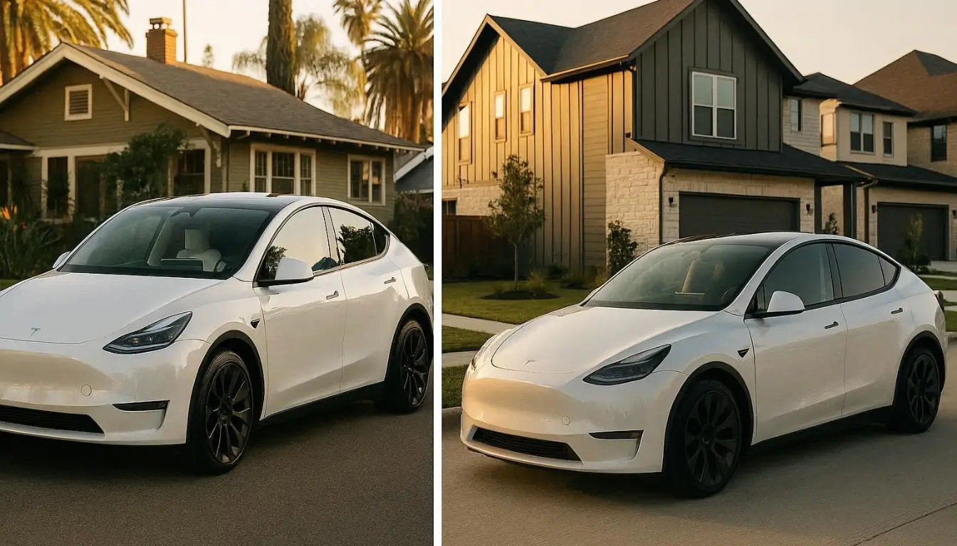Professional editorial split-screen image showing Tesla Model Y parked in sunny California suburban neighborhood on left side and modern Texas residential street on right side