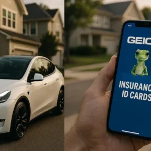 Professional editorial photography, split-screen composition showing white Tesla Model Y on left side and GEICO insurance mobile app on right side