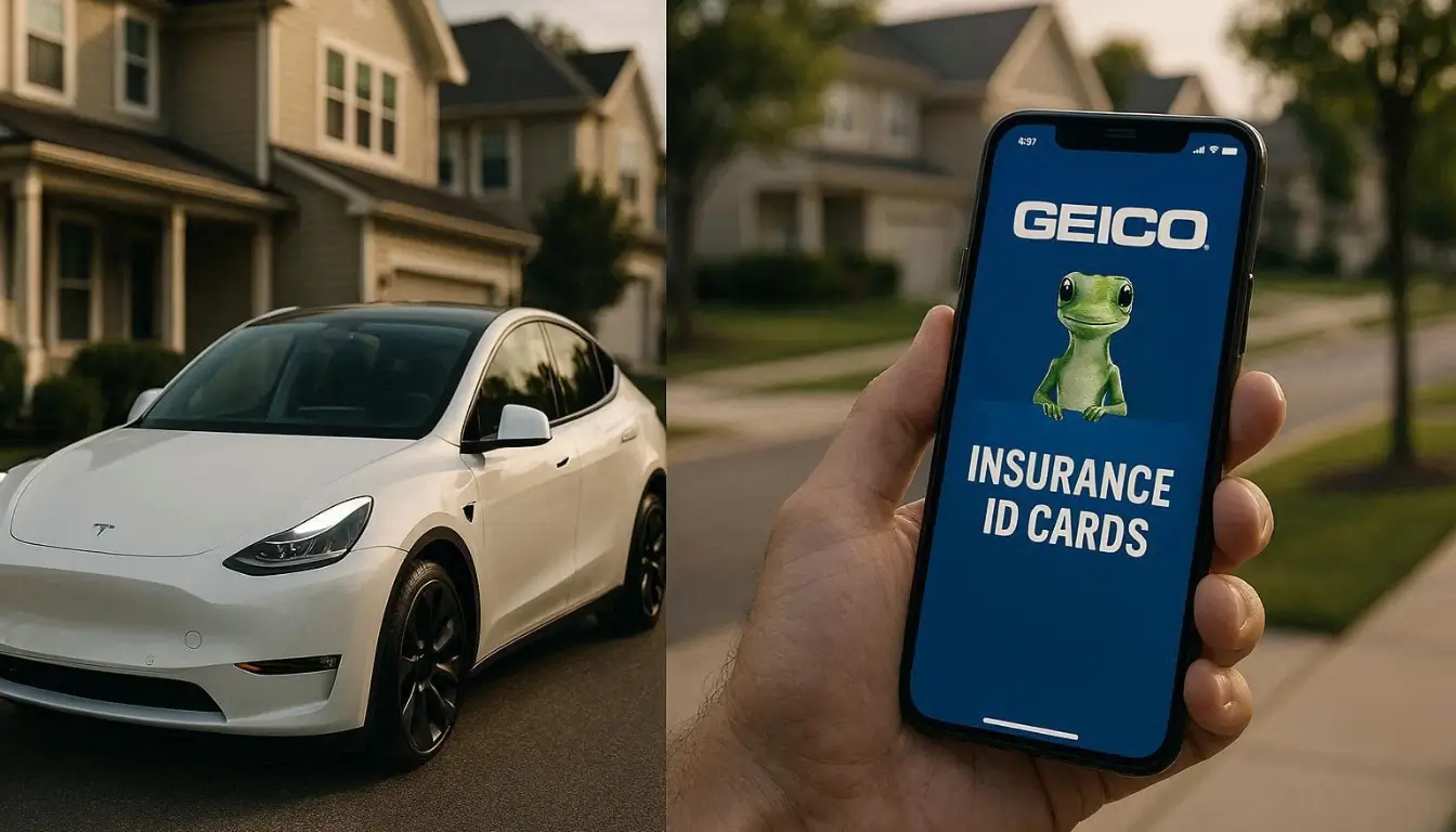 Professional editorial photography, split-screen composition showing white Tesla Model Y on left side and GEICO insurance mobile app on right side