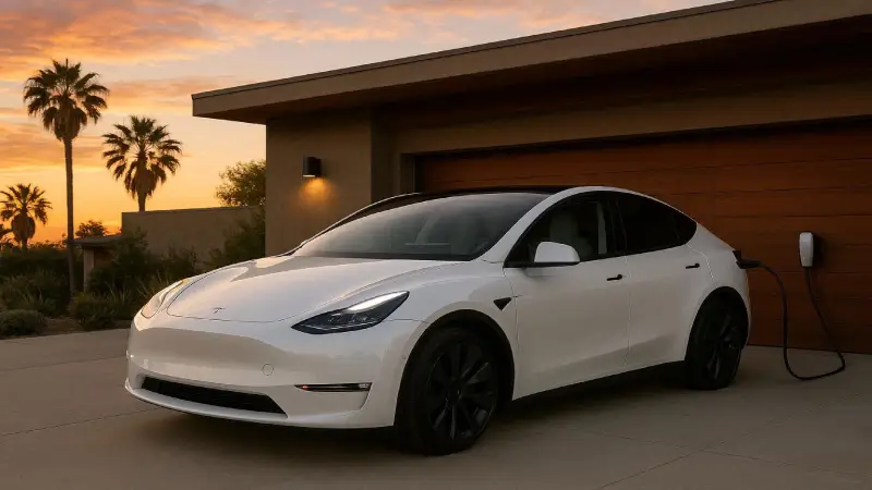 White Tesla Model Y charging in modern California home driveway during sunset