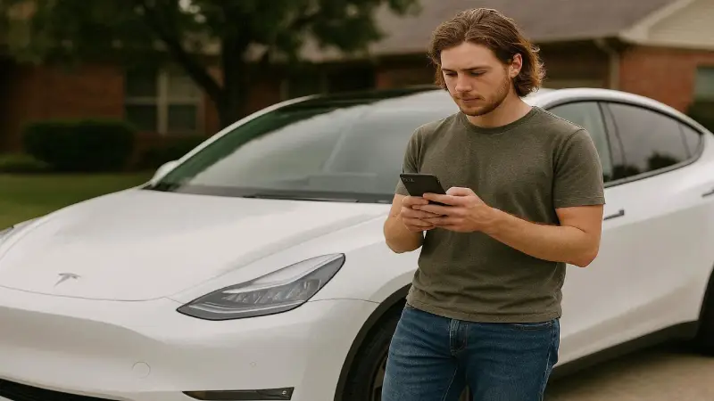 Young American Tesla Model Y owner comparing insurance quotes on smartphone while standing beside electric vehicle