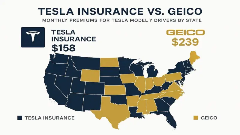 Modern infographic comparing Tesla Insurance and GEICO monthly premiums for Tesla Model Y drivers by state