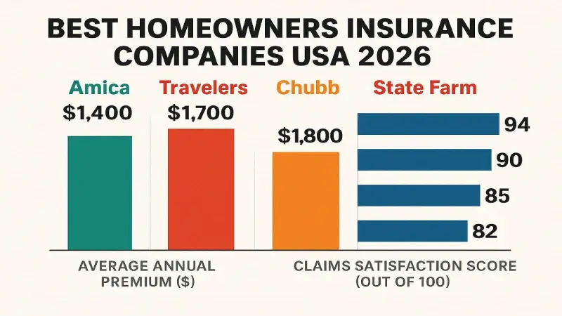 Best homeowners insurance companies USA 2026 — Amica Travelers Chubb State Farm premiums compared
Average annual homeowners insurance premiums vary by company and state — but claims satisfaction scores reveal which insurers actually pay without a fight.