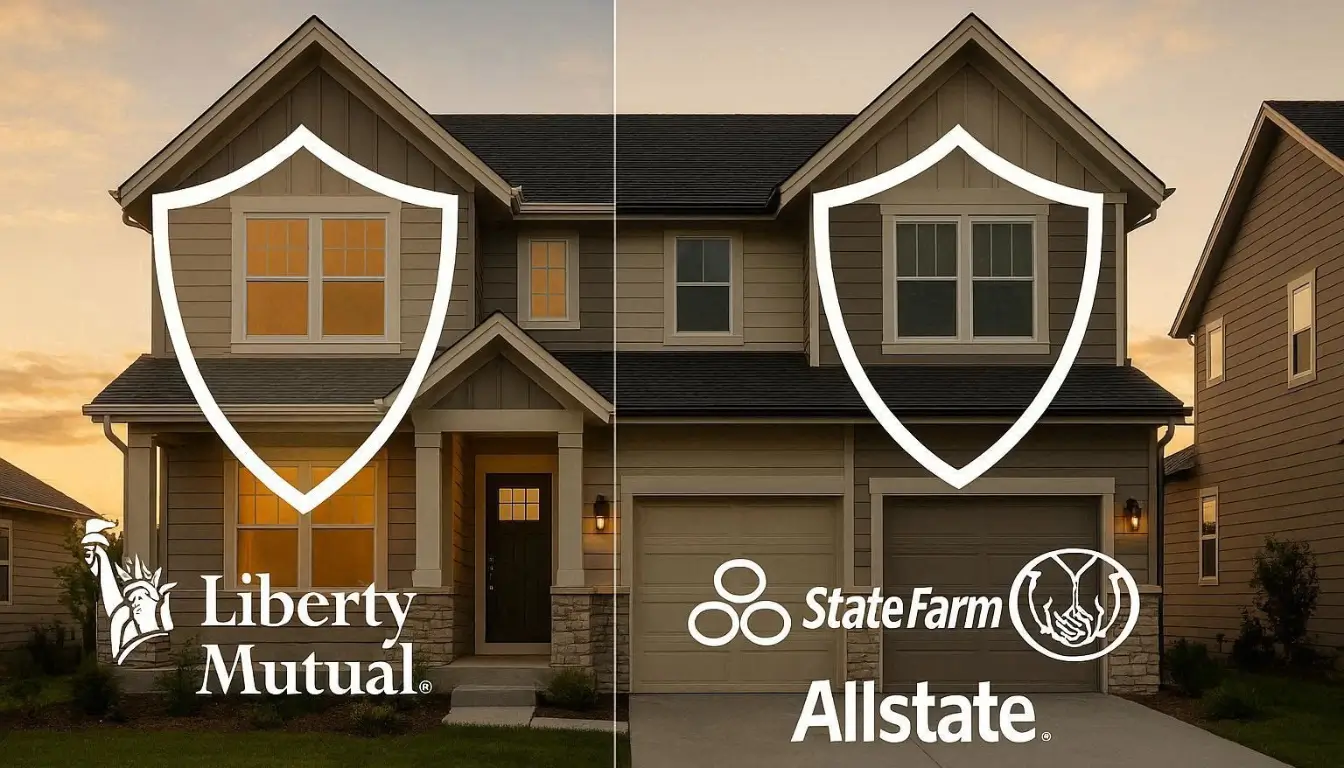 A modern American suburban house with a shield protection overlay, split comparison visual showing Liberty Mutual logo vs State Farm and Allstate logos