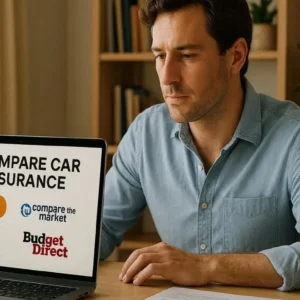 Australian driver on laptop comparing car insurance iSelect Compare the Market Youi Budget Direct 2026