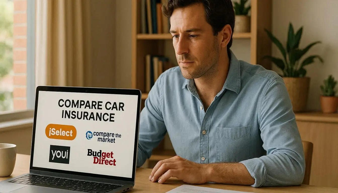 Australian driver on laptop comparing car insurance iSelect Compare the Market Youi Budget Direct 2026