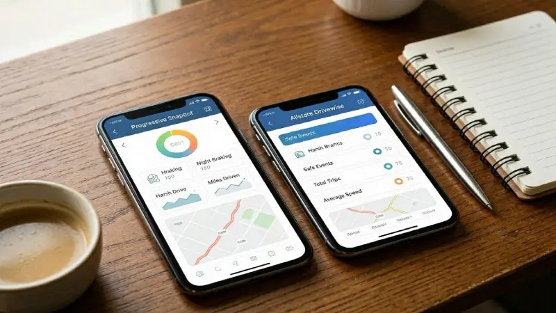 Comparison image showing Progressive Snapshot vs Allstate Drivewise mobile apps on smartphone screens