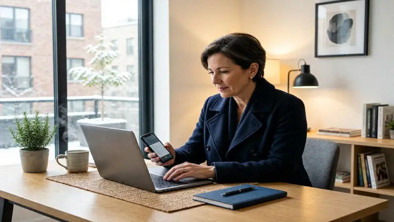 Canadian customer applying for life insurance online using laptop and smartphone,