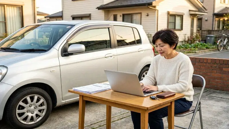 Low-mileage driver working remotely from home beside a parked vehicle