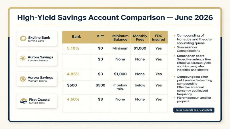 High-yield savings accounts comparison table June 2026 — APY minimum balance fees FDIC