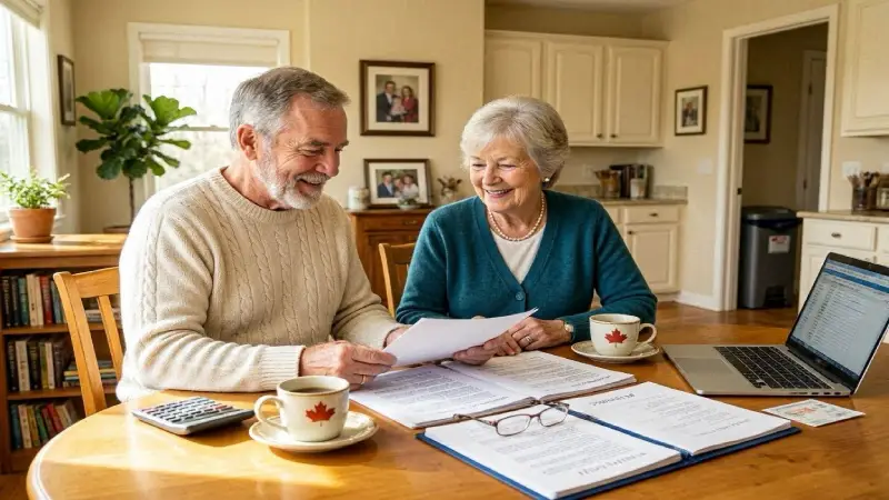 Happy Canadian senior couple reviewing life insurance policy at home,