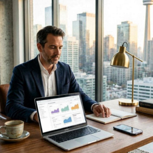 Canadian entrepreneur managing business finances from a modern office, laptop displaying banking dashboard, professional workspace