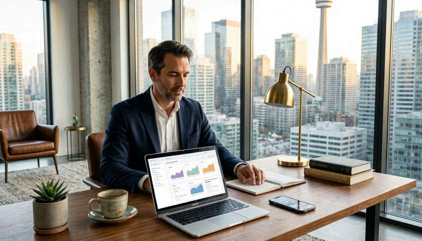 Canadian entrepreneur managing business finances from a modern office, laptop displaying banking dashboard, professional workspace