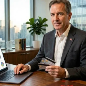 Professional Canadian business owner reviewing premium business credit cards,