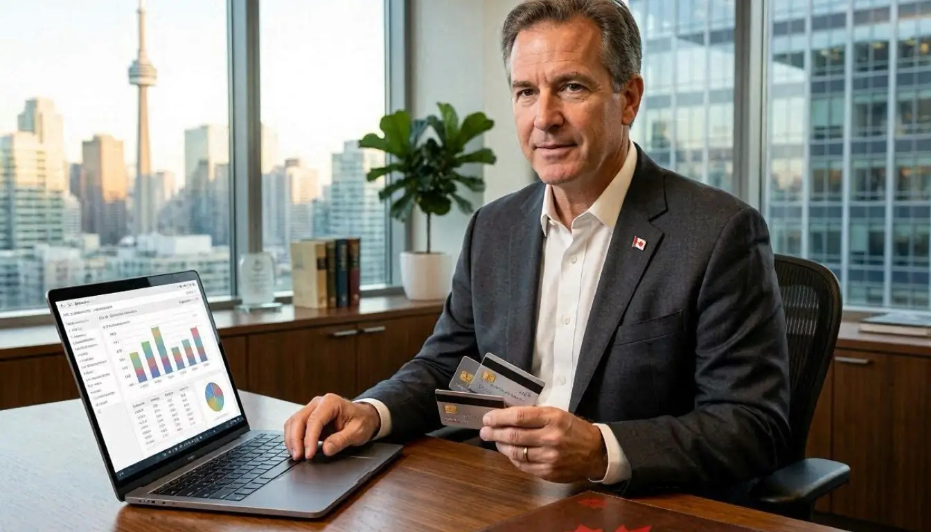 Professional Canadian business owner reviewing premium business credit cards,