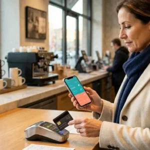 Premium personal finance editorial image, American consumer paying with a credit card while earning cash back rewards