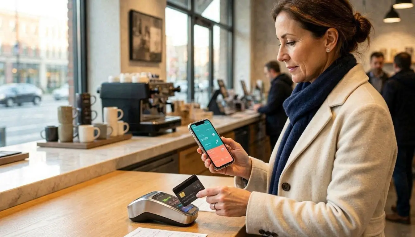 Premium personal finance editorial image, American consumer paying with a credit card while earning cash back rewards