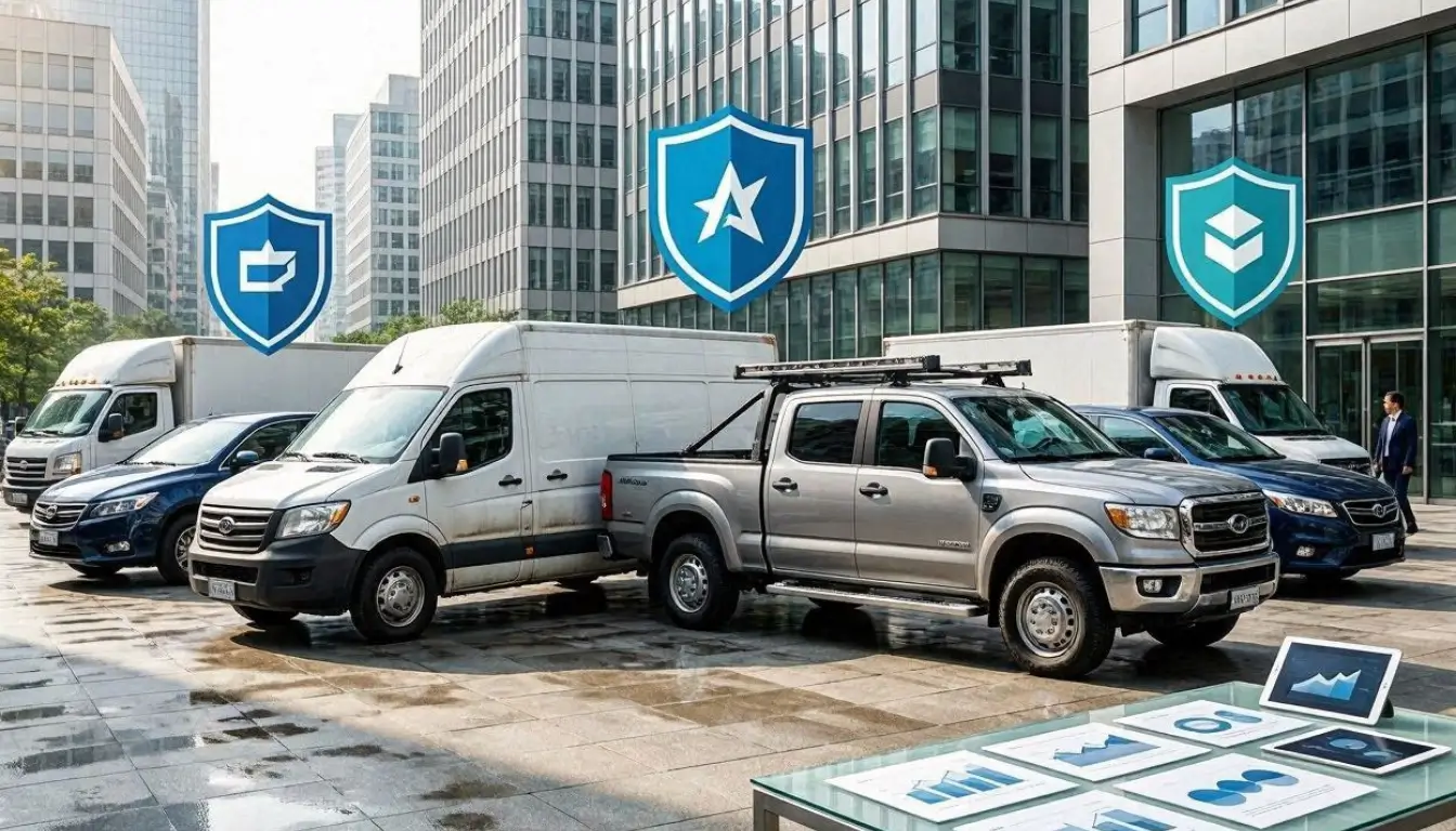 several commercial vehicles including delivery vans, pickup trucks, and fleet vehicles parked in front of modern office buildings