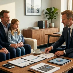 Ultra-realistic editorial image showing a British family meeting with a financial advisor discussing critical illness insurance coverage, modern UK office, policy documents on desk, healthcare protection concept,