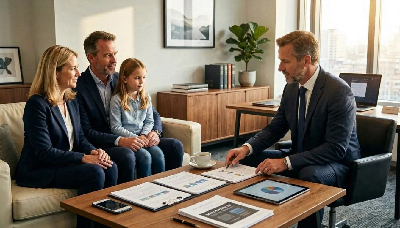 Ultra-realistic editorial image showing a British family meeting with a financial advisor discussing critical illness insurance coverage, modern UK office, policy documents on desk, healthcare protection concept,